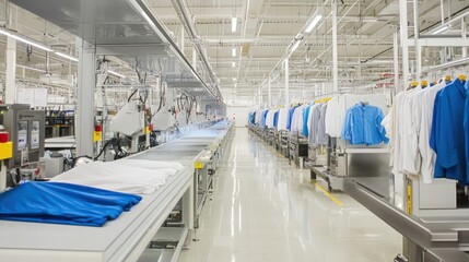 Industrial sewing machines manufacturing shirts in clothing factory