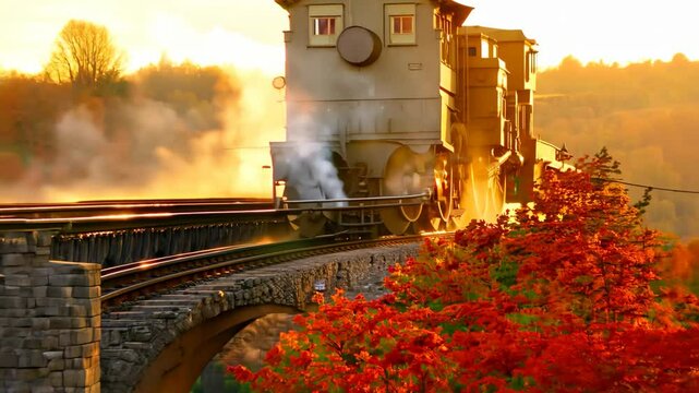 Steam train crossing a bridge surrounded by autumn foliage under golden hour sunlight