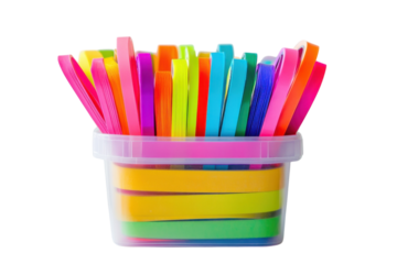 Vibrant collection of sticky notes arranged in a clear container, showcasing colors and creativity isolated on transparent background