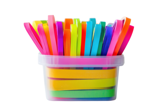 Vibrant collection of sticky notes arranged in a clear container, showcasing colors and creativity isolated on transparent background