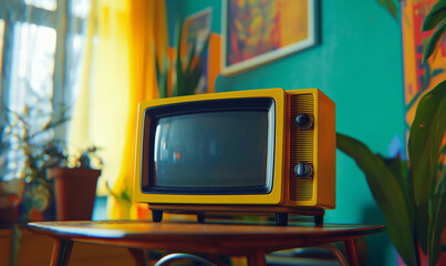Retro old yellow-colored TV set on a table with a collection of vintage items, evoking nostalgia