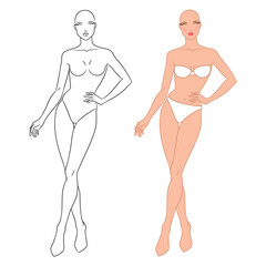 Eight-head fashion figure template. The female fashion croquis. Vector illustration of a young woman wearing lingerie, isolated on a white background.