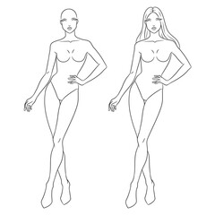Eight-head fashion figure template. The female fashion croquis. Vector line illustration of a young woman wearing lingerie, isolated on a white background.
