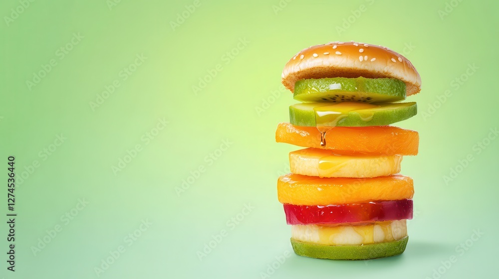 Poster vibrant stack of fruit slices arranged in a creative design on a soft green background with a burger
