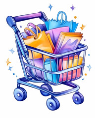 Shopping Cart Full of Bags; Colorful, Cartoon Style