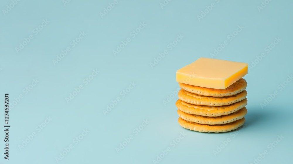 Poster minimalist visual of a stack of perfectly round crackers and a slice of cheese on a soft blue backgr