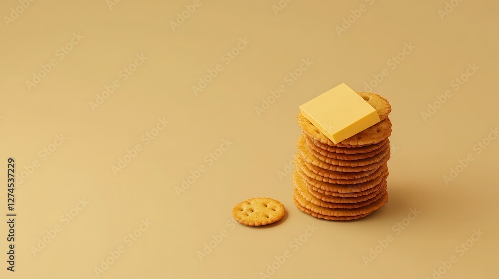 Poster stack of perfectly round crackers with butter on a minimalist background for culinary and food photo