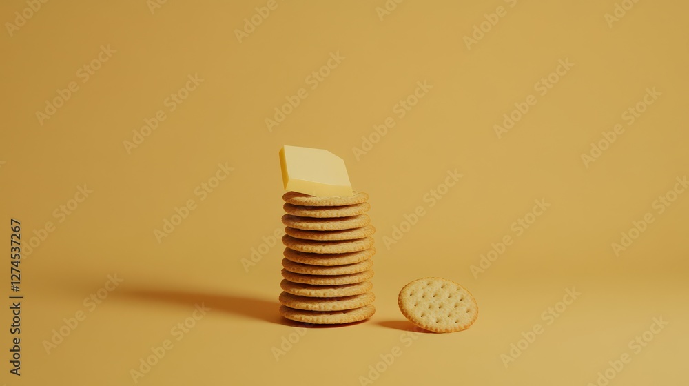 Poster minimalist image of a stack of perfectly round crackers and a slice of butter on a soft yellow backg