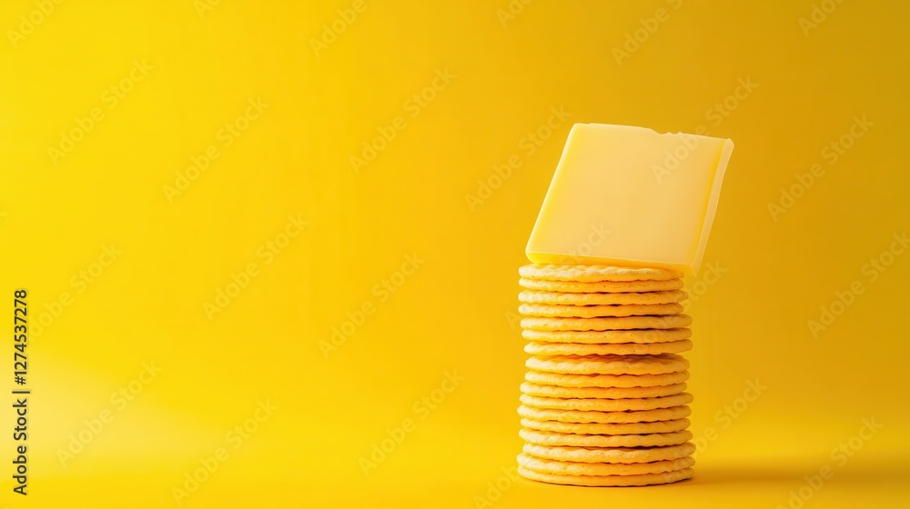 Poster minimalist stack of perfectly round crackers with a slice of soft cheese on top against a vibrant ye