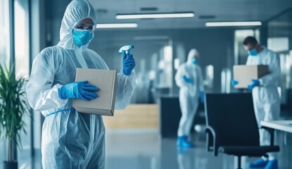 Workers in protective suits disinfect packages to ensure safety in the office