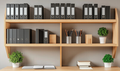 Wooden office shelf on a beige accent wall, creating a clean and organized workspace