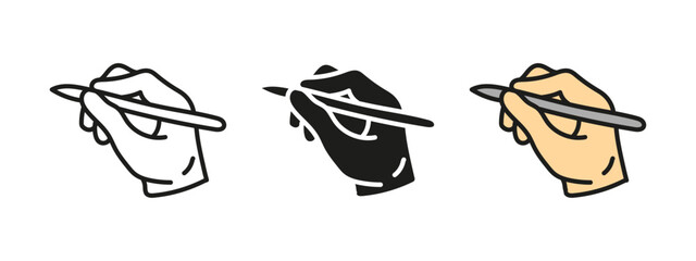Obraz premium Hand holding pen icon. Writing and drawing gesture. Educational and professional vector illustration. Creativity and office work concept. Signature and note-taking symbol.