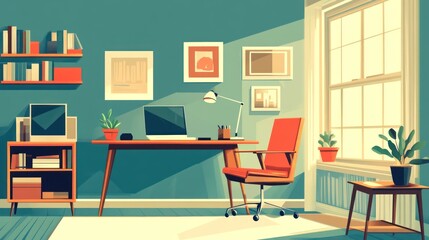 Home office interior with sunlit window