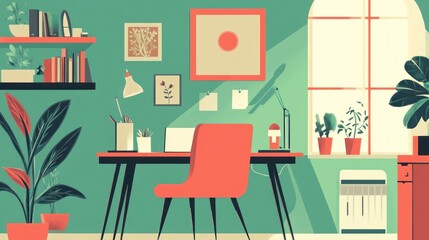 Cozy home office interior with plants and natural light.  Suitable for digital marketing or social media