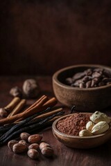 Assorted spices with cocoa powder and vanilla beans on wooden table