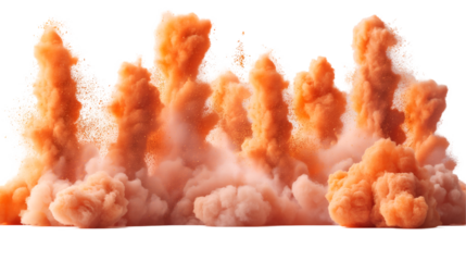 Orange Powder Explosion Abstract Texture, Colorful Cloud Burst for Design, isolated on transparent background.
