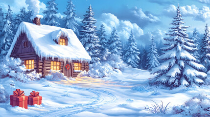 Fototapeta premium Snowy winter cabin in a forest. Possible use Festive holiday scene