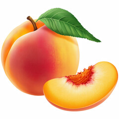 Realistic ripe peach with juicy sliced piece and green leaf illustration isolated on transparent background.