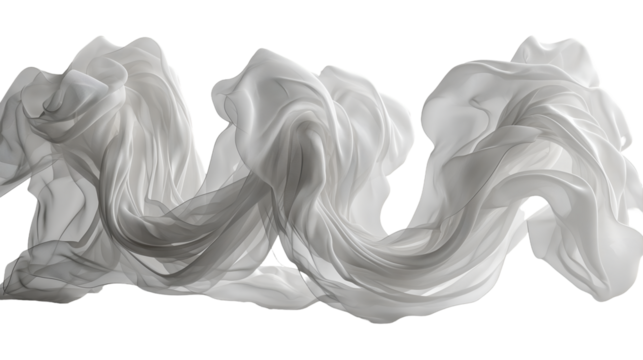 Flowing White Fabric Abstract Silk Waves, Soft Grey Texture for Design, isolated on transparent background.