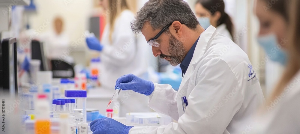 Poster scientist analyzing sample in modern laboratory with other scientists working in background