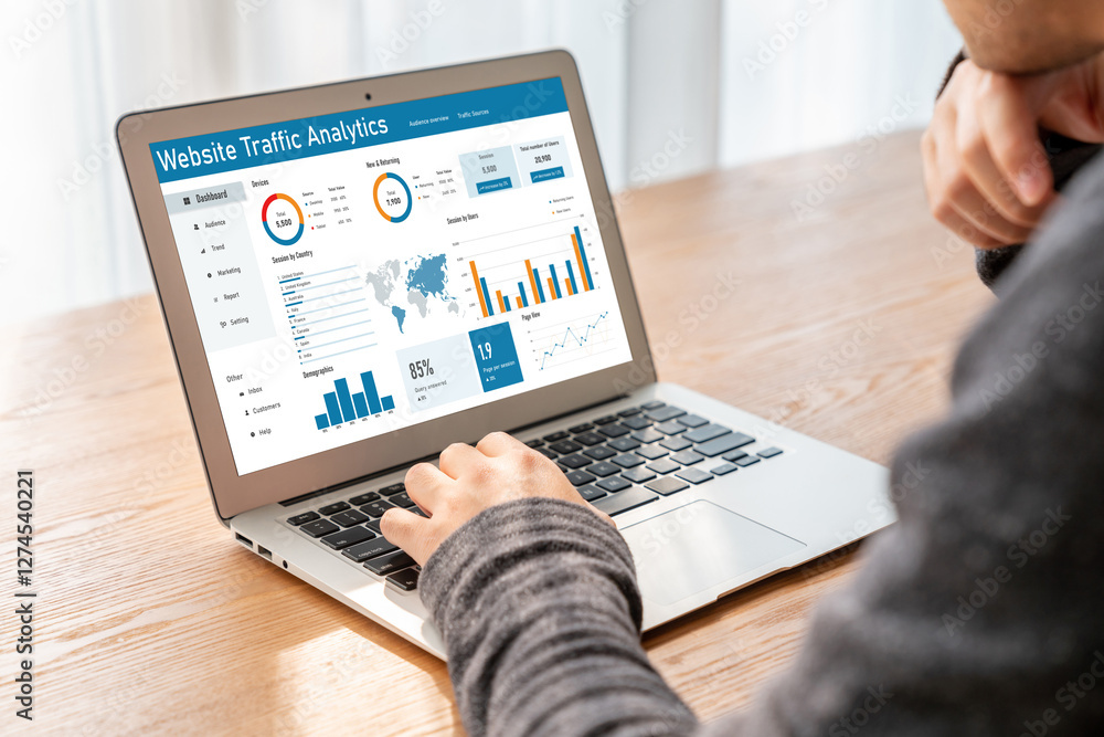 Poster computer software for website traffic analytics data on computer screen. concept of seo search engin