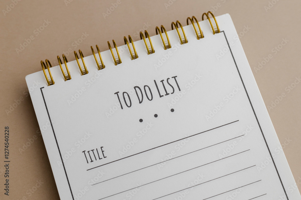Poster top-down view of a spiral-bound notebook with “to do list” and lines for writing. concept for organi