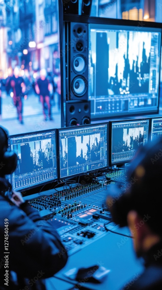Poster sound engineers working with mixing console and computers during live event