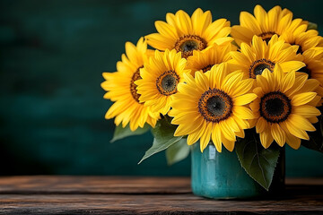 Bouquet of sunflowers in teal vase on wooden table