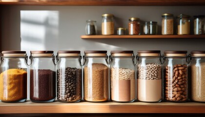A neatly arranged wooden shelf filled with glass jars containing dried beans, grains, and spices, promoting zero-waste and sustainable storage.