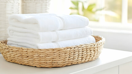 Stacked white towels in a woven basket, bathroom