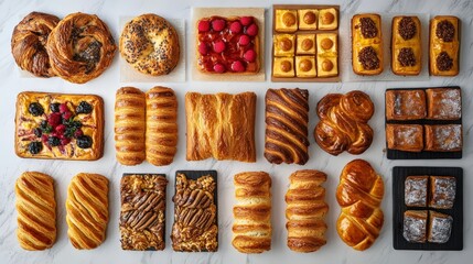 Assorted freshly baked pastries arranged on a marble surface with vibrant colors and textures
