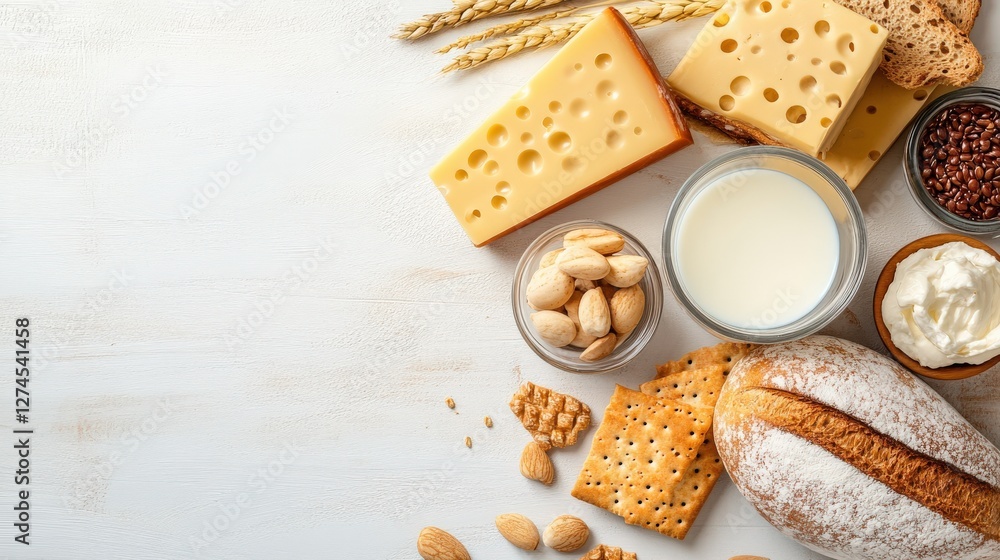 Poster assorted dairy products and snacks arranged on a rustic wooden table with grains in the background