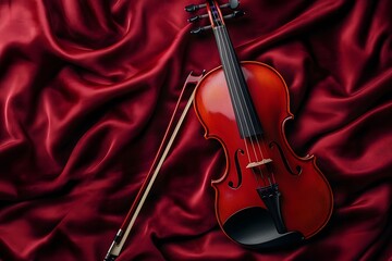 Fototapeta premium violin, classical violin, musical instrument, elegant violin, vintage violin, wooden violin, glossy finish, violin bow, deep red fabric, velvet background