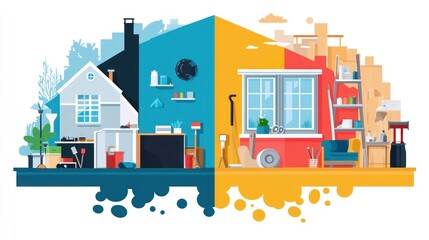 Naklejka premium House Renovation Before and After - Interior View - Vector Illustration
