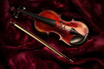Fototapeta premium violin, classical violin, musical instrument, elegant violin, vintage violin, wooden violin, glossy finish, violin bow, deep red fabric, velvet background