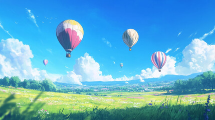 Naklejka premium Colorful hot air balloons from ground level, floating serenely against the sky, offering a whimsical view