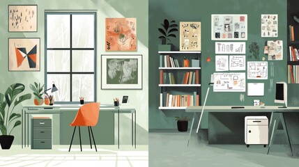 Two modern home offices, sunlight, plants, books, design