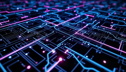 Obraz premium Abstract neon circuit pattern on dark background