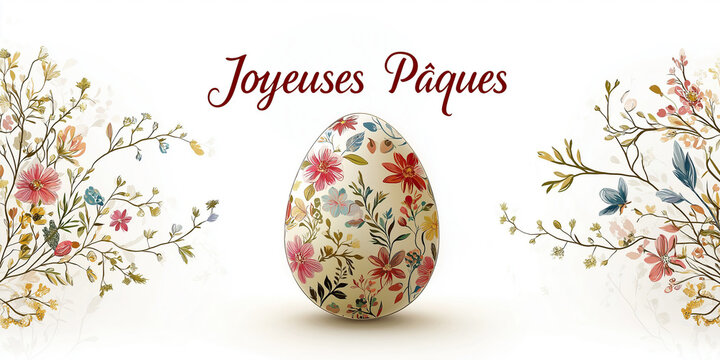 Floral Easter egg with "Joyeuses P&acirc;ques" text on white background, delicate spring holiday decoration with pastel flowers and elegant botanical design