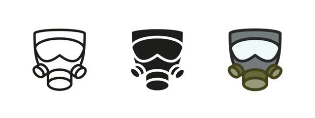 Gas mask icon. Protective respirator symbol. Industrial safety equipment vector illustration. Military-grade filter sign. Chemical hazard defense pictogram. Emergency pollution protection concept.