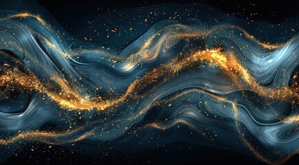 Abstract motion of flowing blue waves with golden sparks and glitter. Background texture use