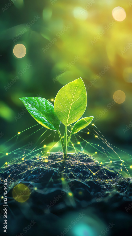 Aufkleber seedling sprouting through digital network, symbolizing technological innovation merging with sustai