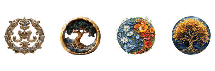 Intricate tree and floral artistic decor elements set isolated on transparent background