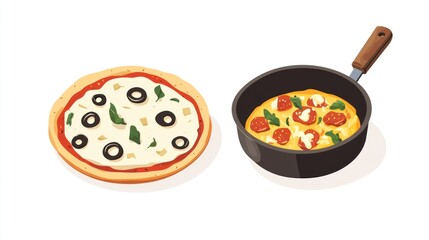 Illustration of pizza and omelet in pan. Possible use Cookbook, recipe, menu, educational materials
