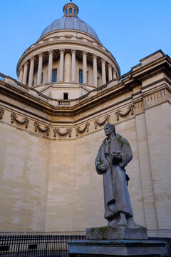 Paris, France. Europe. Sculpture outside he Pantheon at twilight.