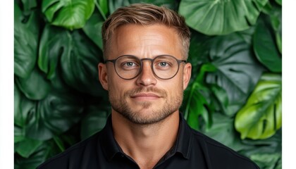Elevate your brand with a captivating professional headshot A confident man wearing glasses, set against a vibrant green foliage Ideal for personal branding strategies and dynamic social media