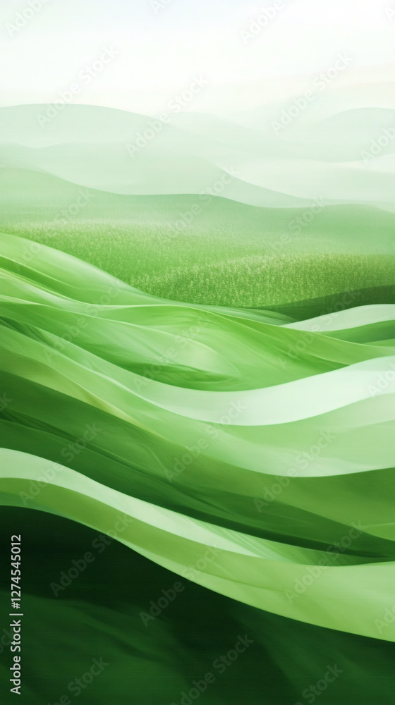 Aufkleber green abstract waves are flowing over a landscape with hills and a light green sky in a digital illu
