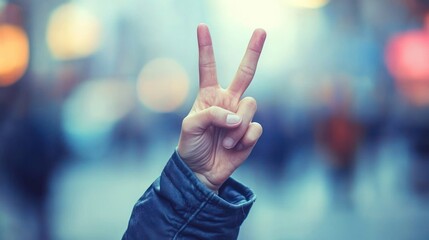 Peace Sign in the City: A Symbol of Hope and Tranquility Amidst Urban Blur
