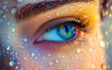 A close-up of a woman's eye adorned with delicate water droplets, reflecting light and enhancing its natural beauty.