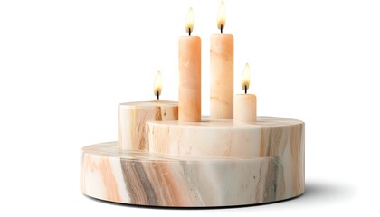 Chic marble candlestick with candles, isolated on white background, high-resolution PNG photo,